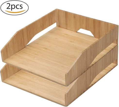 MobileVision 2 Pack Stackable Bamboo Paper Tray, Office Organizer for Files, Documents, Letter Sorter, and Magazine
