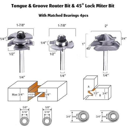45 1/4 3-Piece Set: Set 45 Degree Lock Miter Router Bit Shank Tongue & Groove Bit + Lock Miter Router Bit, Easy
