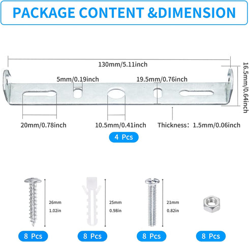 4 Packs Kit,5.1 inch etc.(130x19.5mm) Universal Light Fixture Mounting Bracket Square Ceiling Light Plate Wall Mounting