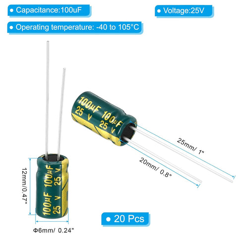 PATIKIL 25V 100uF Electrolytic Capacitors, 20Pcs 6x12mm Aluminum High Frequency Capacitors