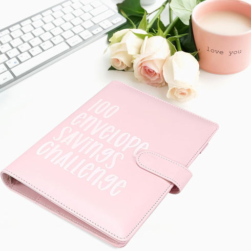 POUYRBA 100 52 100 Envelope Challenge Binder, Leather Week Money Saving Challenge Binder Easy and Fun Way for Envelopes