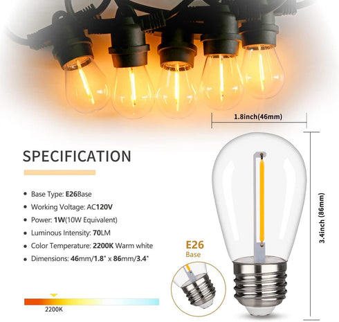 S14 Bulbs, 1W S14 Bulbs, E26 Bulbs, 2200K 70LM Non-Dimmable 15 Pack Replacement LED Light Shatterproof & Waterproof LED
