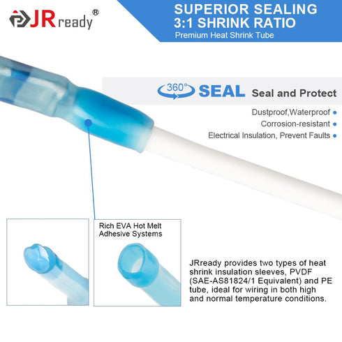 JRready ST6385-16-50 MiniSeal Crimp Splices, 50 Sets Blue Butt Splice Connectors for Wire-to-Wire Splicing