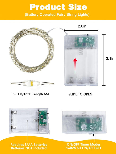 4 Pack 60 20FT LED Fairy Lights Battery Operated with Timer, Waterproof Twinkle Lights Indoor Outdoor, Cuttable String