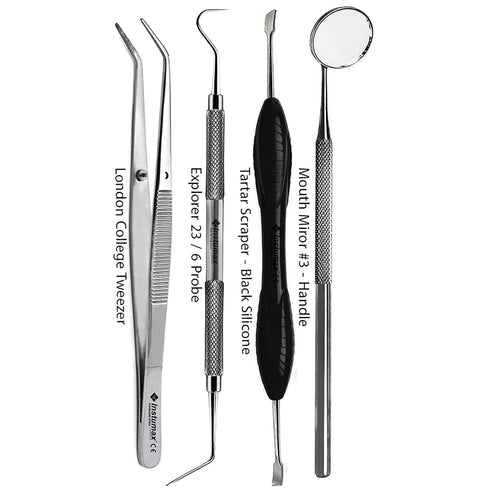 Professional Oral Care 4Pcs Tools Tartar Removal Scaler, College Tweezer, Explorer Probe