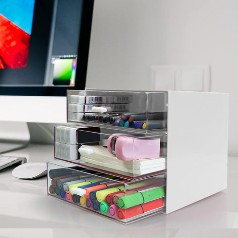 Desk Organizer with Drawer, Plastic Storage Box for Office Stationery Supplies, Desktop Organizer for School Home (3