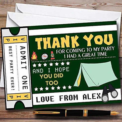 The Card Zoo Green Camping Ticket Personalized Childrens Birthday Party Thank You Cards