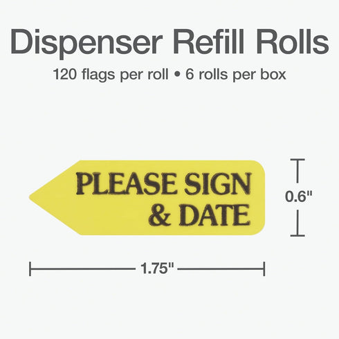 Redi-Tag 91032 Arrow Message Page Flag Refills, "Please Sign & Date", Yellow, 120 per Roll (Box of 6)