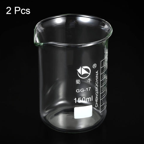 PATIKIL 150ml Low Form Glass Beaker, 2 Pack 3.3 Borosilicate Glass Graduated Measuring Cups with Spout for Kitchen