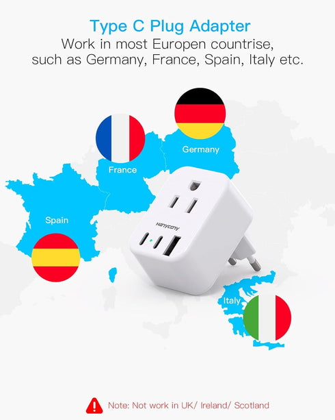 European Travel Plug Adapter USB C, International Plug Adapter, US to Europe Plug Adapter with 2 Outlets 3 USB Ports(2 USB C), Type C Power Adapter to Italy Spain France Portugal Iceland Germany