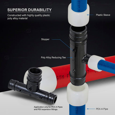 Poly Pex-A Expansion Tee Fitting, 1/2" x 1/2" x 3/4", Plastic Pipe Fitting for Pex-A Tubing