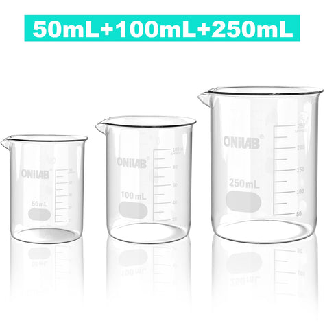 ONiLAB Glass Measuring Beaker Set 50ml 100ml 250ml (Pack of 3) 3.3 Boro Griffin Low Form with Printed Graduation Scientific Glassware for Laboratories, Classrooms or Home Use 13900244