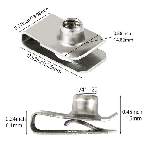 Evecad 40 Packs 1/4" 20 - Stainless Steel Regular Extruded U Nuts, U Style Clip-on Nut, U Type Nut, U-nut, U-Type
