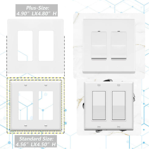 2 Pack 2-Gang Screwless Decorator/Rocker Wallplate Faceplate Cover for Outlet & Switch, Plus-Size, Glossy-White