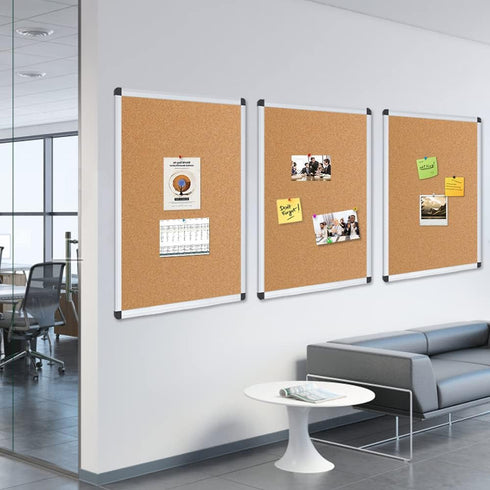 VIZ-PRO Cork Notice Board, 24 x 18 Inches, 3 Pack with Silver Aluminium Frame