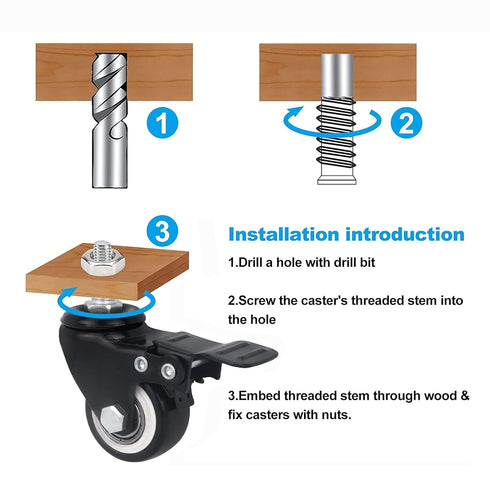 1.5" Stem Casters Set of 4, Heavy Duty Threaded Stem 5/16"-16 x 1" Swivel Wheels with Brakes, 300Lbs