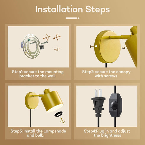 Dimmable 350 Stairway((Bulb Lightess Plug in Wall Sconce with Switch, Wall Lamp Plug in Rotatable, Gold Wall Mounted