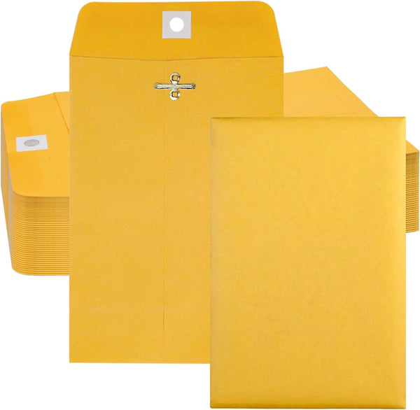 Clasp Envelopes, 6” x 9” Brown Kraft, Gummed Seal, 50 Pack, Mailing Envelopes for Home and Office