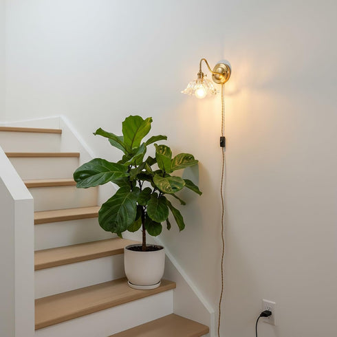 YJQHXY E26 Vintage Plug-in Wall Sconce with Switch, Clear Snowflake Glass Shade, Brass Fixture, Socket with Dual