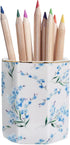 Pencil Holder for Desk Organizer, Ceramic Floral Pattern Storage for Writing Utensils, Makeup Brush Holder - Blue