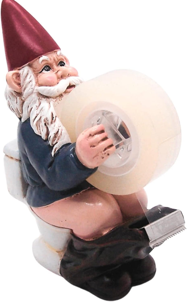 Gnome Sitting on a Toilet Tape Dispenser, Unique Funny Office Supplies, 5.25 Inches
