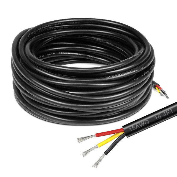 18 Gauge 3 Conductor Electrical Wire, 16.4FT Black Stranded Low Voltage 18/3 Cable, Flexible Extension Power Cord