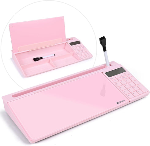 Varhomax Glass Desk Whiteboard Pink with Calculator, Desktop Dry Erase Board with Storage for Home and Office