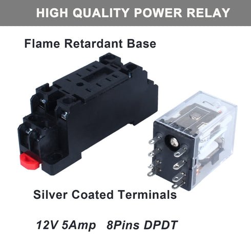 2Pcs HH52P 12VDC 8-Pin 5A Coil Electromagnetic Power Relay - DPDT 2NO+2NC with LED Indicator Light, Base DIN Slotted