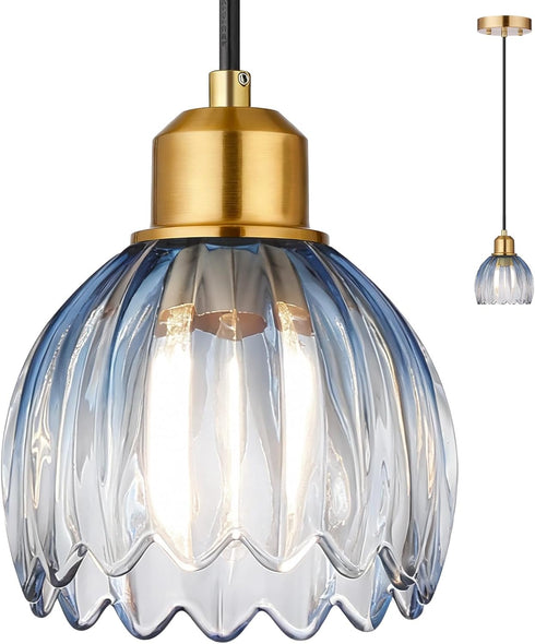 TALOYA Pendant Light with Blue Tulip Glass Lampshade, Brass Vintage Pendant Light