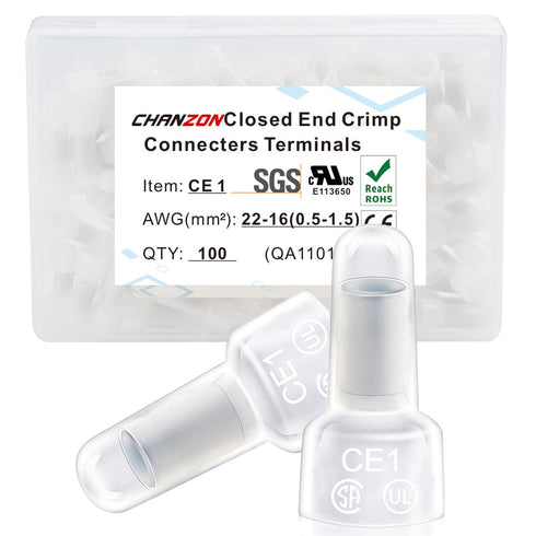 Chanzon CE1 Pure Copper Closed End Crimp Connector for 22-16 AWG Gauge Nylon Insulated Core Splice (100pcs)