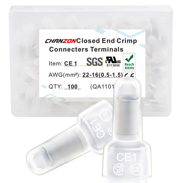 Chanzon CE1 Pure Copper Closed End Crimp Connector for 22-16 AWG Gauge Nylon Insulated Core Splice (100pcs)