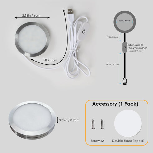 3D 001 5V Dimmable White/6000K) Single Under Cabinet LED Puck Lights Plug in, Printer LED Lamp Kit DIY USB Powered