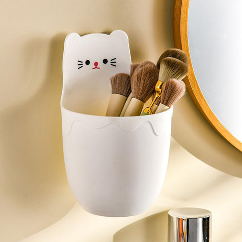 Wall-mounted Cartoon Cat Storage Caddy White Multifunctional Pen and Marker Organizer for Office Desk Side Hanging