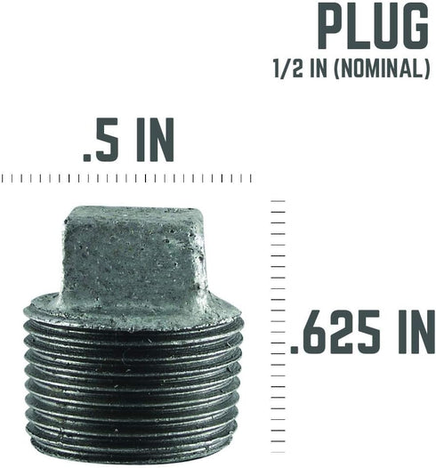 1/2" Plug Fitting, PIPE DECOR Black Malleable Iron Fittings Fit Standard 1/2 Inch Pipes, Nipples and Fittings, Regular Plumbing Applications and Vintage DIY Furniture, 10 Pack