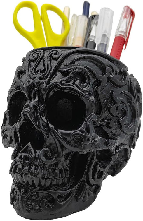 CUZOKOLA Goth Accessories - Black Skull Decor Pen Holder with Strong Resin for Vanity, Office Organizer, Skull Planter