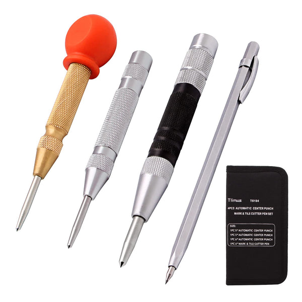 4 Pack Automatic Center Punch Tool, 5 Inch and 6 Inch Adjustable Spring Loaded Punch with Carry Case