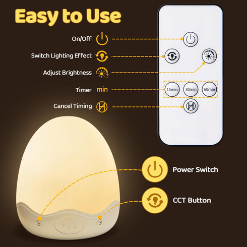 COOLNIGHT Kids,10 Brightness+10 Nursery,Touch+Remote+3600mAh 1h Baby Night Light for Colors Egg Light for Rechargeable