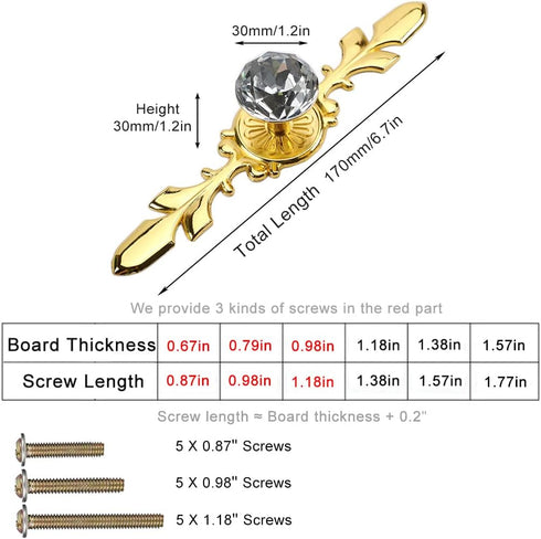 5 Pack Large Sized Enlarged Diamond Clear Crystal Glass Decorative Knobs with Plate,Cabinet Cupboard Door Pulls Handles with Screws for Kitchen Office Decoration (5 Pack, Large, Golden) by ESreake