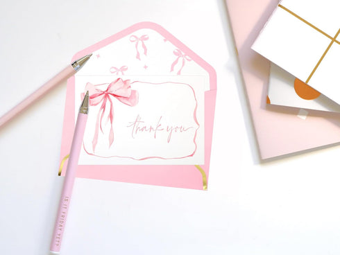 OIPKKUI 30Pack Pink Bow Thank You Cards with Envelopes Gold Foil Stickers Bow Blank Note Card Watercolor Greeting Card