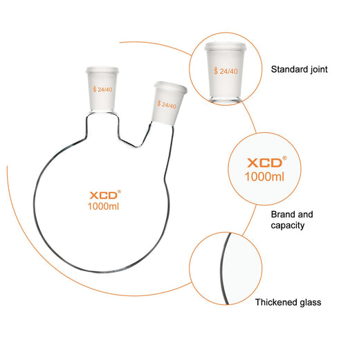 Round Bottom Flask with 2 Necks, Borosilicate Glass Heavy Wall Lab Flask with 24/40 Center and Side Standard Taper