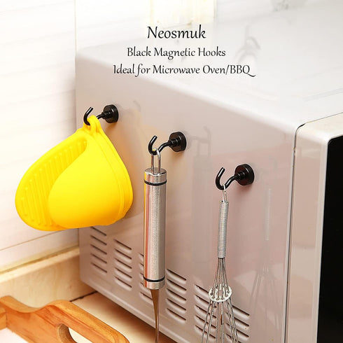 Neosmuk Black Magnetic Hooks - 30lb+ Heavy Duty Earth Magnets with Hook for Hanging, Pack of 6