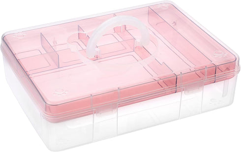 BTSKY 2-Tier Cute Bear Storage Box with Removable Divided Tray, Portable Clear Plastic Art Craft Supply Organizer (Pink)