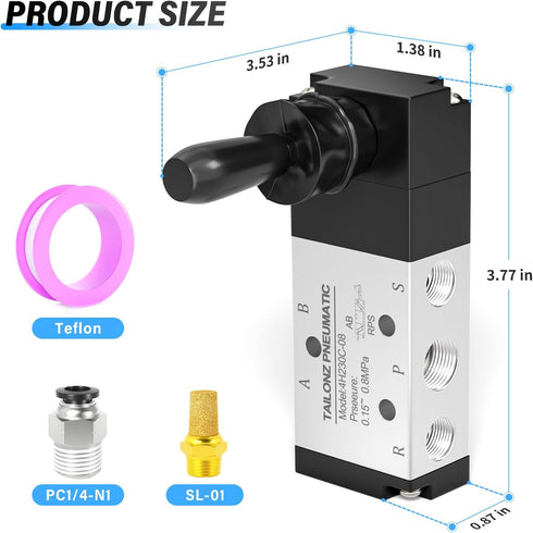 TAILONZ PNEUMATIC 1/4"NPT 5 Way 3 Position Air Hand Lever Operated Valve Pneumatic Solenoid Valve Manual Control Push-Pull 4H230-08C
