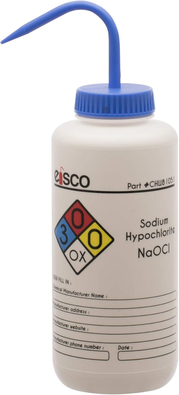 EISCO Wash Bottle for Sodium Hypochlorite (Bleach), 1000ml - Color Coded Chemical & Safety Information