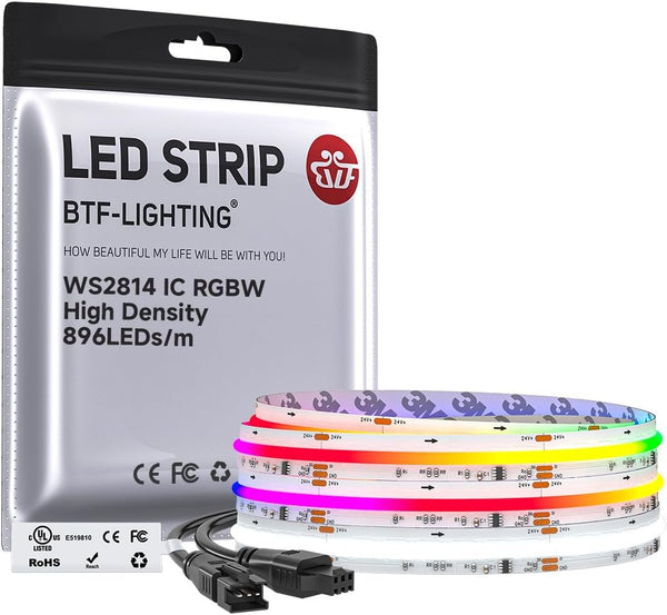BTF-LIGHTING FCOB COB LED Strip WS2814 Smart IC RGBW 6000K, UL Listed