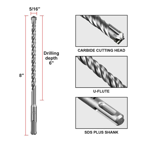 SALI SDS Plus Rotary Hammer Drill Bit Kit, 10 Pcs 5/16"*8" Concrete Drill Bits for Brick and Cement Walls