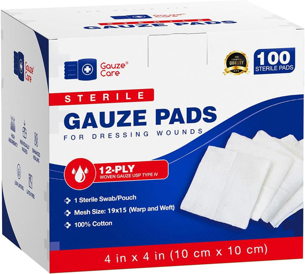 100pc Large Sterile Gauze Pads 4x4 Sterile for Wounds Bulk - 12ply