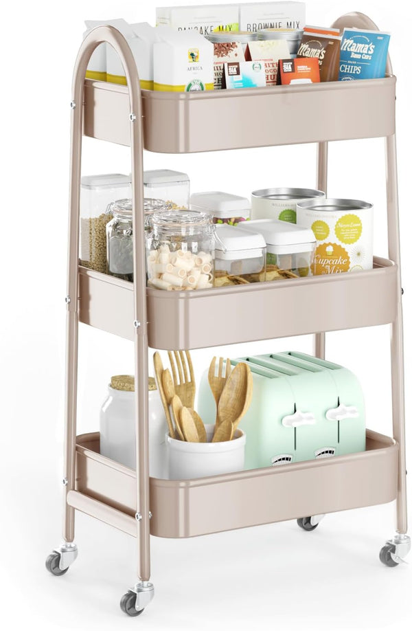 EAGMAK 3 Tier Utility Rolling Cart, Metal Storage Organizer Trolley with Handle and Lockable Wheels, Mesh Baskets for