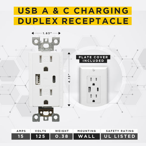 USB Charger and Receptacle Outlet, USB A/C Wall Charging Ports, 4.8A 120V, Fast-Charging Electrical Ports, Tamper Resistant sockets, Cover Plate Included, UL Listed, 1-Pack