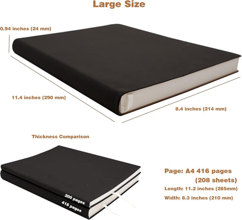 Large Thick Journal Notebook, Blank Papers, A4 8.4x11.4 inches, 416 Pages, Soft Faux Leather Cover Sketchbook for Writing Drawing (Black, Plain) by BenOpinion